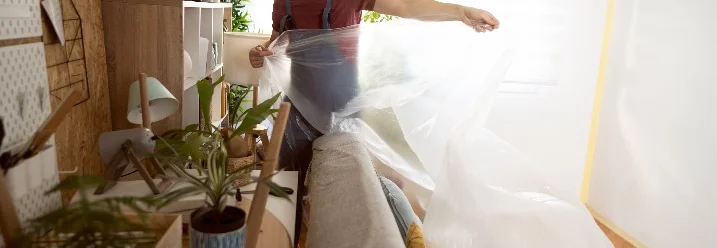 Person deckt Möbel mit Folie ab